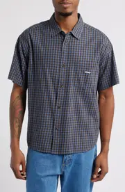 Obey Bigwig Otis Loose Fit Check Short Sleeve Cotton Twill Button-Up Shirt in Dull Blue Multi at Nordstrom, Size Small