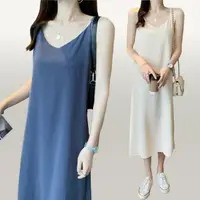 在飛比找momo購物網優惠-【I.Dear】韓系氣質簡約長版內搭外穿雪紡無袖長洋裝連身裙