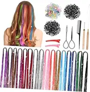 WOFASHPURET 1 Set Hair Tinsel Extension Kit Color Glitter Hair Strands with Braiding Tools for Easy Application for Parties and Special Occasions