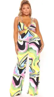 Fashion Nova Jumpsuit All The Feels Size 3X Cutout Waist Wide Leg Rainbow New