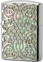 Zippo Armor Case Arabesque Shell Inlay Silver Both Sides Etching Japan