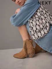 Tan Brown Suede Forever Comfort® Boho Fringe Cowboy Ankle Boots (E54992) | $122