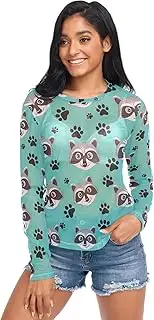 [RPLIFE] Black Raccoon Paw Prints Teal Womens Mesh Top, Long Sleeve Party Tops for Women S-XXL