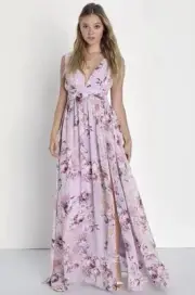 Lulus Garden Meandering Small Lavender Purple Floral Print Maxi Bridesmaid Dress