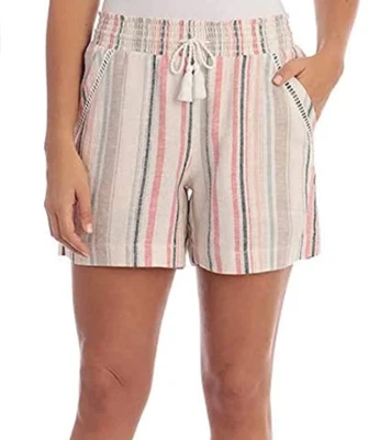 Briggs Women's Linen Blend Pull-On Shorts with Pockets Pink Stripe, Size S