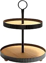 Wooden Two Tiered Tray Stand, Rustic Decorative Round Serving Tray with Metal Handle for Home, Kitchen Table Decor, Coffee Bar, Seasonal Holiday Decorations, Fruits and Cupcake Display (Black)