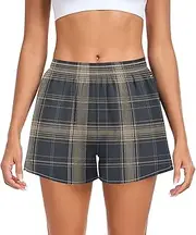 [FRODOTGV] Dark Bwown Tartan Women Athletic Shorts with Pockets Exercise Shorts for Biking Surfing Vacation Swim Party S