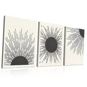Boho Wall Art, Set of 3 Canvas Wood Framed Sun Rising 12x16 Inch*3 Black