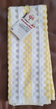 KITCHENAID KITCHEN TOWELS (2) YELLOW GRAY WHITE BLOCKS 16 X 28 100% COTTON NWT