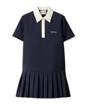 Miu Miu Logo-Embroidered Pleated Dress IT40,IT42,IT38,IT36 navy blue