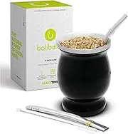 BALIBETOV Mate Cup and Bombilla Set - Includes Yerba Mate Cup, Two Bombilla Straws and Brush - Stainless Steel Double-Wall Easy to Clean Gourd (Black)