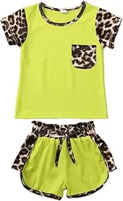 [Mekysd] Toddler Girls 2Pcs Casual Sportswear Suit Leopard Outfits Short Sleeve T- Shirt Top + Shorts Pants Summer Clothes Set