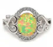 Natural Fire Opal & White Topaz 925 Solid Sterling Silver Ring Jewelry Sz 9