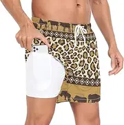 [GuoChe] Men's Swimming Shorts Men 2In1 Workout Shorts African Style Brown Wild Animal with Phone Pocket Beach Board Shorts