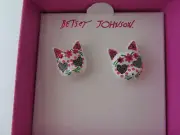 Betsey Johnson Day Of The Dead Stud Cat Earrings Pierced Black Glitter Eyes 3D