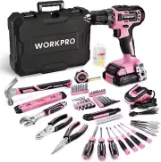 WORKPRO 20V Pink Cordless Drill Driver and Home Tool Set, 141PCS Hand Tool Kit