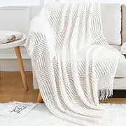 Blagic Knitted Throw Blanket for Couch Soft Farmhouse Boho Throw Blanket with Tassels Home Decorative Lightweight Throw Blankets,White Throws for Bed/Chair/Sofa, Pineapple Textured,50" W x 60" L