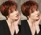 Women Copper Red Brown Two Tone Fashion Pixie Cut Wig with Bangs Layered Cut USA