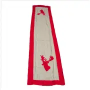 Melrose Red Reindeer Heads on Grey Herringbone Table Runner Red Trim 15x70 in