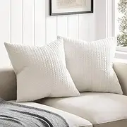 [ZeeMart] 100% Cotton Waffle Textured Throw Pillow Covers Set of 2, 16x16 Inch Ivory, Soft Farmhouse Decorative Couch Pillow Cases Off White Cushion Covers for Sofa Bed Living Room Home Decor