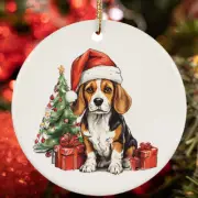 Cute Beagle Dog Santa Hat Art Christmas Ornament Gift Tree Decor Hanging