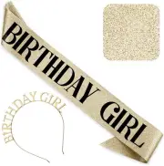'Birthday Girl' Sash and Headband Tiara - Gold Glitter with Black Foil Happy Bir