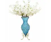 Soga 67cm Blue Glass Tall Floor Vase With 10pcs White Artificial Fake Flower Set