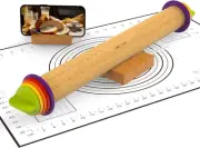 13.6" Wooden Rolling Pin and Silicone Baking Mat for Perfect Dough Thickness
