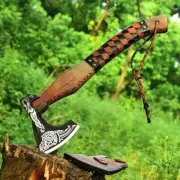 PREMIUM HANDMADE VIKING AXE | HUNTING | CARBON STEEL HATCHET WITH LEATHER SHEATH
