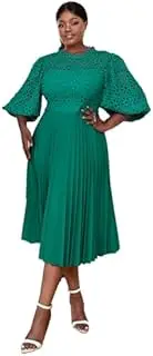 [AOMEI] Women's Elegant Lace Patchwork A-line Midi Pleated Hollow Out Lantern Sleeve Dress