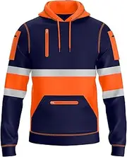 [NOROZE] Mens Hi-Viz Pullover Hoodie Grey Reflective Tape High Visibility Safety Coat with 4 Zip Utility Phone & Gadget Pockets Sweatshirt Top Jacket UK Size S-XXL