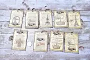 9~Vintage~Ephemera~Eiffel Tower~Junk Journal~Linen Cardstock~Gift~Hang~Tags