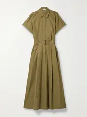 [LAFAYETTE 148] LAFAYETTE 148 - Upland Belted Pleated Cotton-poplin Midi Shirt Dress - Army green - x small x small Green