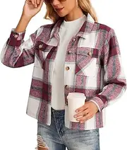 HWOKEFEIYU Women's Cropped Plaid Shacket Jacket Flannel Plaid Shirts Fashion Button Down Shirt 2024 Fall Coat With Pockets