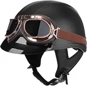 Street Motorbike Open Face Helmet with Brim and Goggles, Classic Motorcycle Skull Cap Helmet, Retro Half Helmet ECE/DOT Approved, Half Open Helmet Men Women G,M=56-57CM