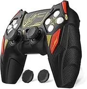 PlayVital Mecha Rhino Silicone Cover for ps5 Controller with Thumb Grips & Stickers, Anti-Slip Controller Grip Skin Accessories Compatible with ps5 Charging Station - Black & Caution Red