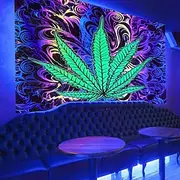 Cannabis Leaves Blacklight Tapestry UV Reactive Glow in the Dark Glow Party Neon Psychedelic Trippy Misty Hanging Tapestry Wall Art Mural for Living Room Bedro