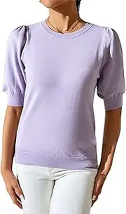 [Zylphorix] Women Round Neck Short Sleeved Knitted T-Shirt Solid Color Cotton Crewneck Blouse Tops Loose Stretchy Slim Fit Basic Tee