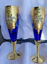 GlassOfVenice Set of Two Murano Glass Champagne Flutes 24K Gold Leaf - Blue