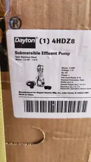 DAYTON 4HDZ8 Stainless Steel 1/3 HP Submersible Effluent Pump single phase