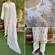 Pakistani Egg Shell White 3Pcs Fancy Chiffon Dress with thread embroidery ,XL#1