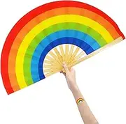 Large Folding Fan, Chinease/Japanese Bamboo and Nylon-Cloth Folding Hand Fan, Hand Folding Fans for Women/Men, Hand Fan Festival Fan Gift Fan Craft Fan Folding Fan Dance Fan (Rainbow)