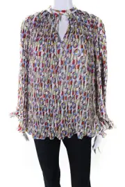 Rochas Womens Pleated Chiffon Abstract Printed Blouse Top White Size 40