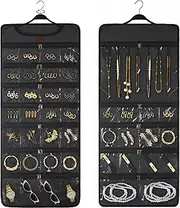 SMRITI Hanging Jewelry Organizer with Dual Zippered Pockets Canvas Double Sided Rotating Hanger Necklace Hanging Wall Organizer Earring Dustproof Holder Wall Mount Accessories Display Bag(Dark Grey)