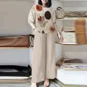 ZANZEA Womens Two-Piece Set Lady Elegant Sets Crew Neck Lantern Sleeve Graphic Print Tops Wide Leg Trousers Suits