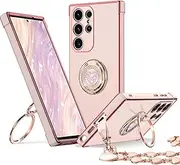 [ELEPIK] 6D-Stand Series for Galaxy S24 Ultra Case with Double Ring Kickstand, [Convenient Wrist Strap] Women Girls Bling Luxury Heart Slim Protective Case for Samsung Galaxy S24 Ultra, Pink