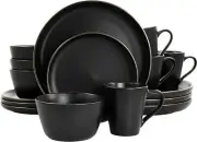 Elama Paul 16 Piece Stoneware Dinnerware Dish Set in Matte Black with Gold Rim