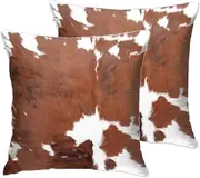 [Entua] 2 Pcs Cowhide Throw Pillow Covers Decorative Pillow Cases Farm Animal Brown Cow Hide Skin Print Pillow Case 18 X 18 Inch Velvet Square Cushion Cover for Sofa Bedroom