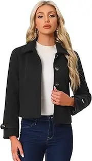 [Allegra K] Women's Turn Down Collar Long Sleeve Single Breasted Outwear Winter Pea Coat