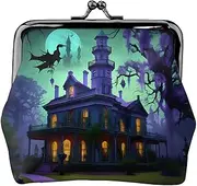 [JEJEA] Black Haunted Mansion Print Coin Purse, Portable Fiber Leather Coin Purse Mini Change Purses for Women, Black, One Size, Coin Pouch